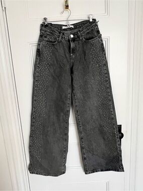 High-Waist Wide-Leg Studded Women’s Jeans - Charcoal